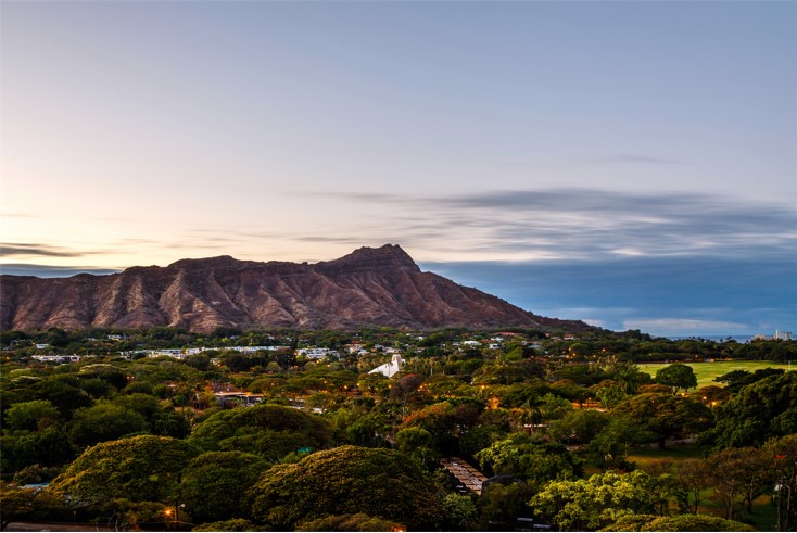 A photo of Diamond Head, which can be found on Honolulu, Hawaii's Gold Coast.